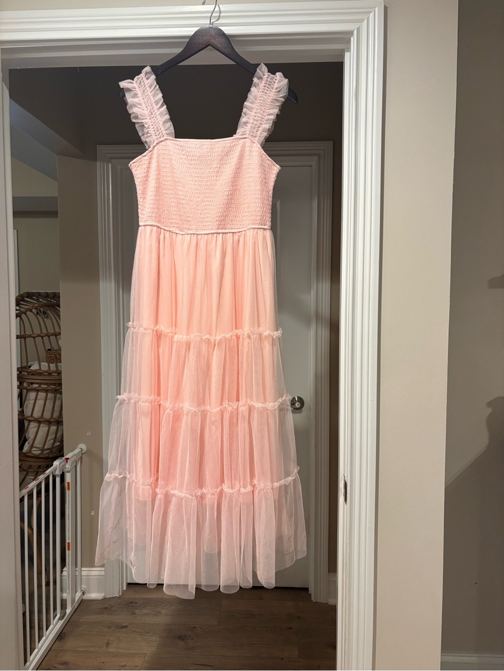 Pink Tiered Tulle Dress with Ruffled Straps